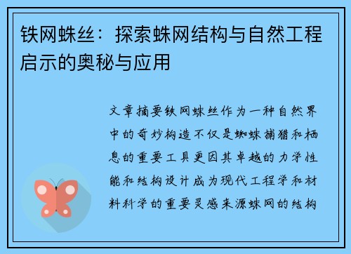铁网蛛丝：探索蛛网结构与自然工程启示的奥秘与应用