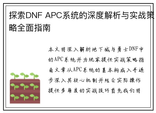 探索DNF APC系统的深度解析与实战策略全面指南